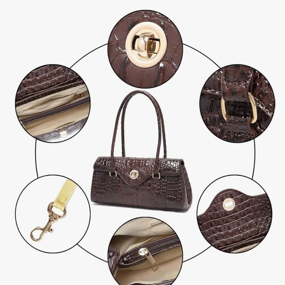 Dark Brown Crocodile Textured Shoulder Bag with Structured Design - Picture 7 of 7